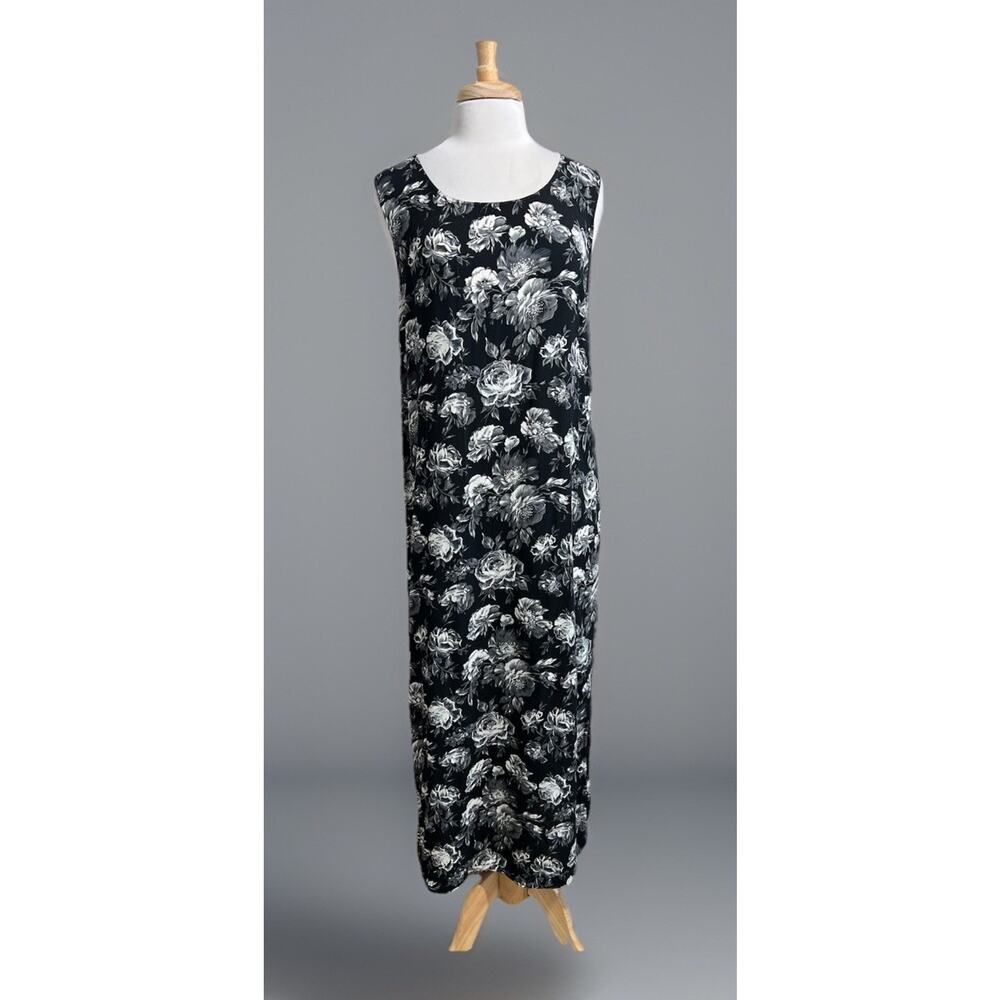 Vintage 90s Sag Harbor Black White Cottagecore Goth Fairy Tie Back Dress L